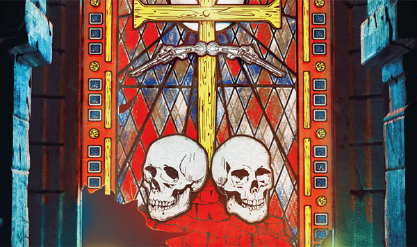 two human skulls on stain glass window illustration