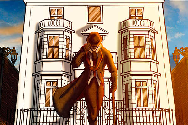 Illustration of The Duke from the graphic novel, London Gothis, in front of a house