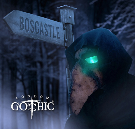 Man in mask with Boscatle sign post